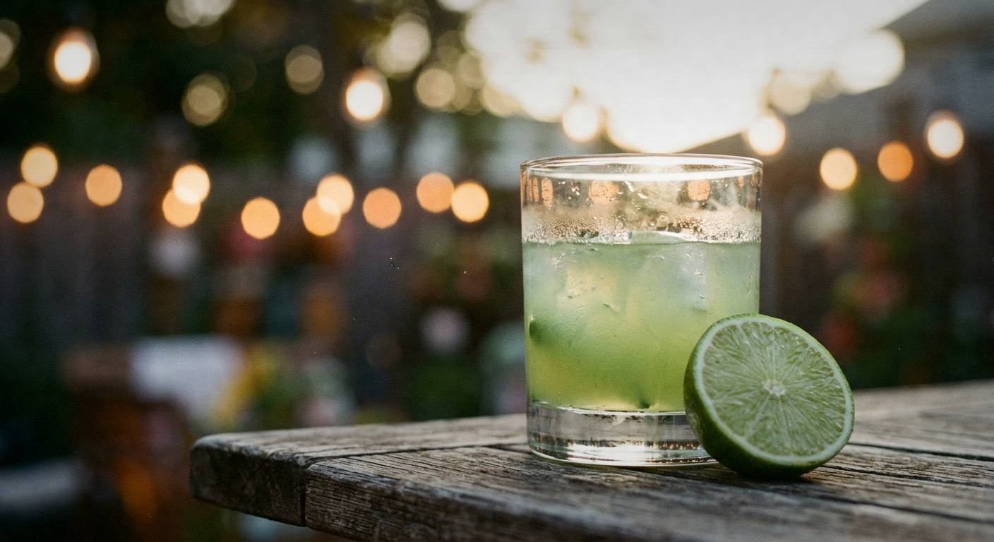 Finished basil gin smash cocktail with crushed ice, fresh basil garnish and lime wheel in rocks glass on wooden table with garden herbs