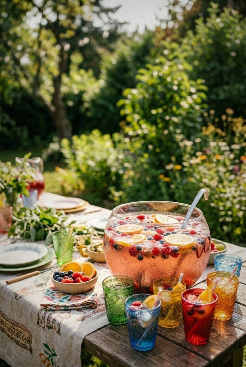 A punch bowl filled with berry punch, fresh berries, orange slices, and bubbles