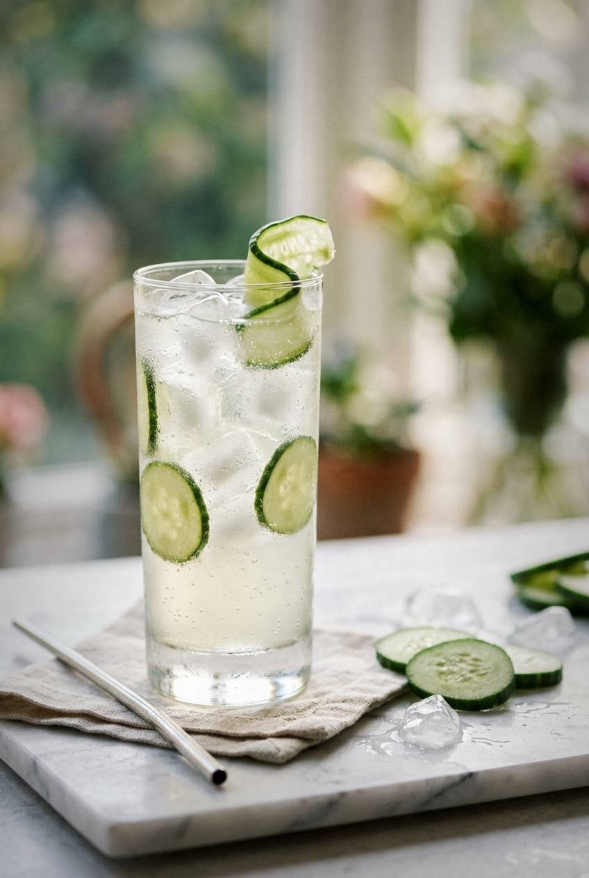 Cucumber Elderflower Collins. Existing illustration; not evidence of kitchen testing.