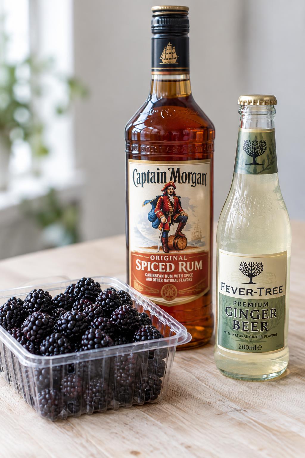 a punnet of fresh blackberries, a bottle of spiced rum and a bottle of ginger beer on a counter