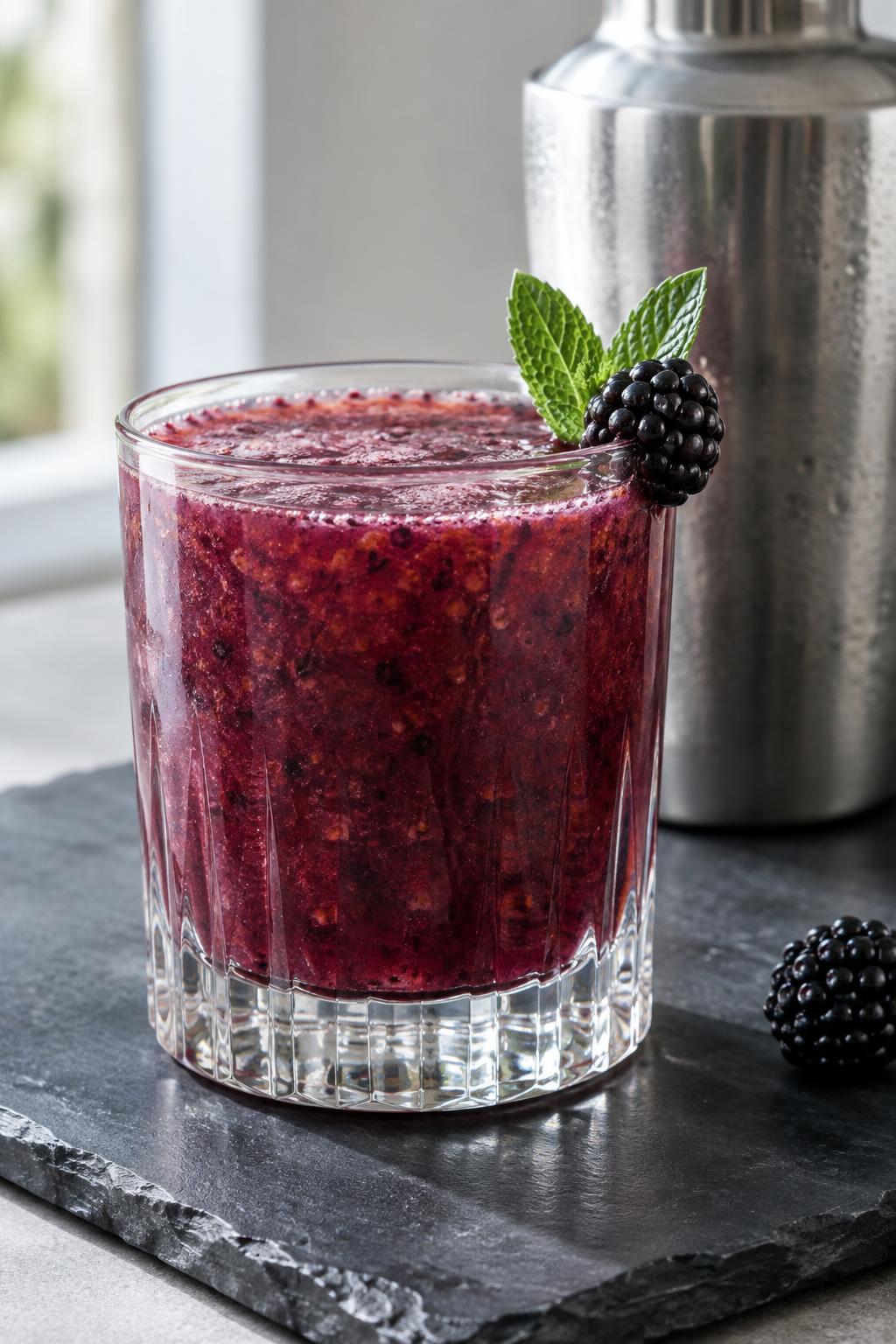 the finished dark cocktail shaken and poured into a glass with visible berry pulp