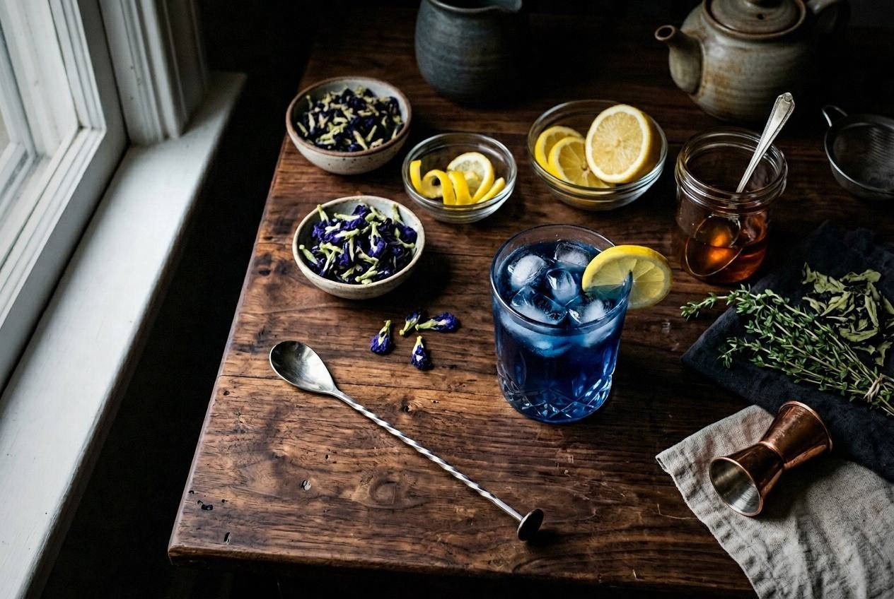 Butterfly pea tea with citrus; the final shade varies.