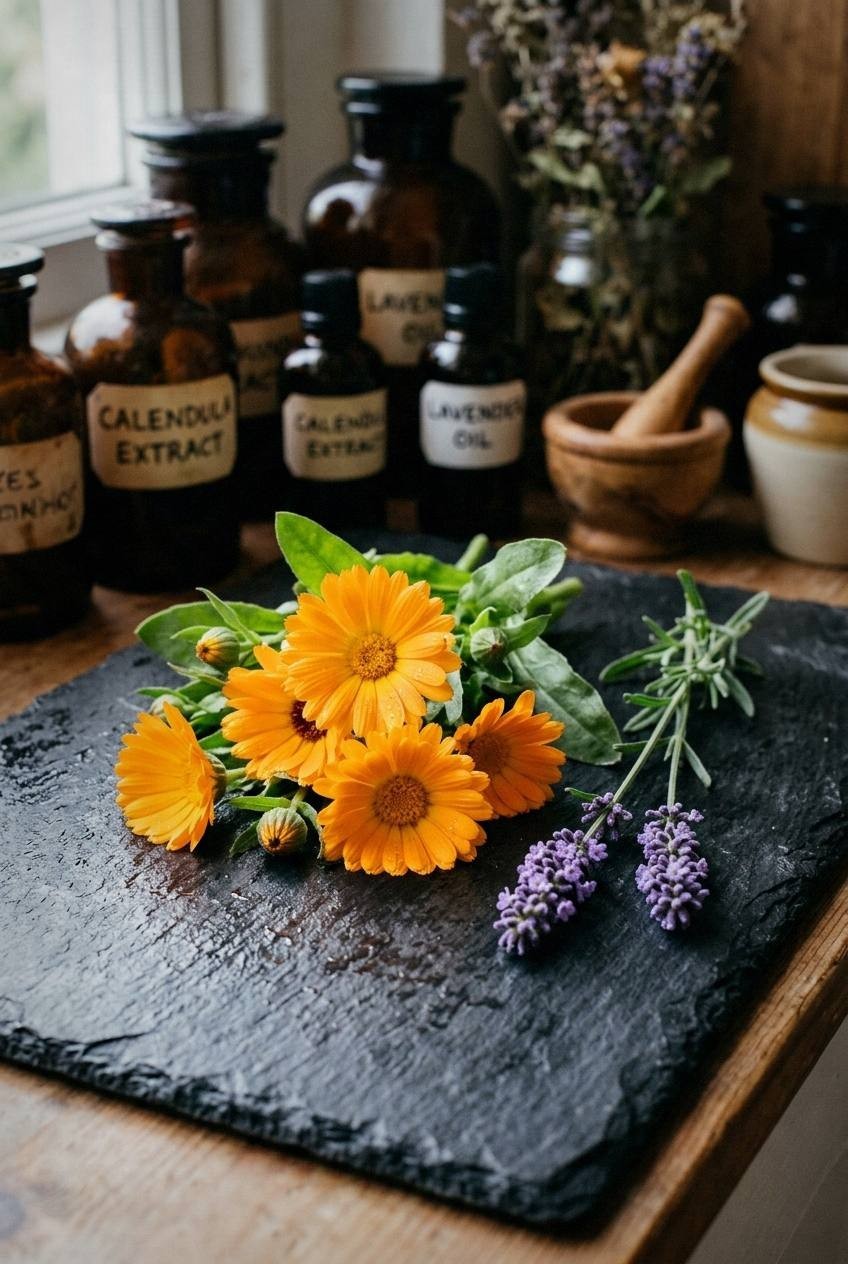 Dried calendula flowers and lavender buds arranged on a wooden surface with small glass jars of golden infused oil