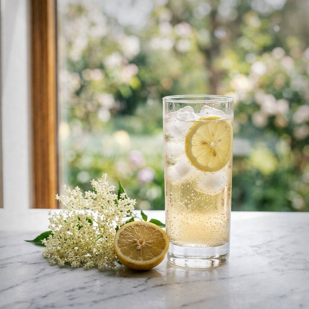 Spring botanical mocktail recipes with elderflower, lavender, and fresh strawberries arranged on outdoor garden table for party