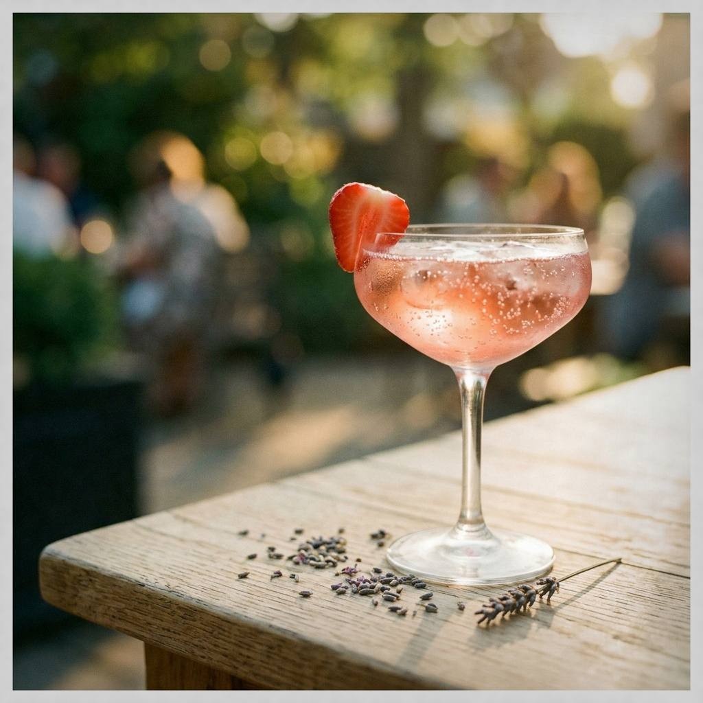 Strawberry lavender refresher mocktail in a coupe glass with pink tint, fresh strawberries and dried lavender on oak table
