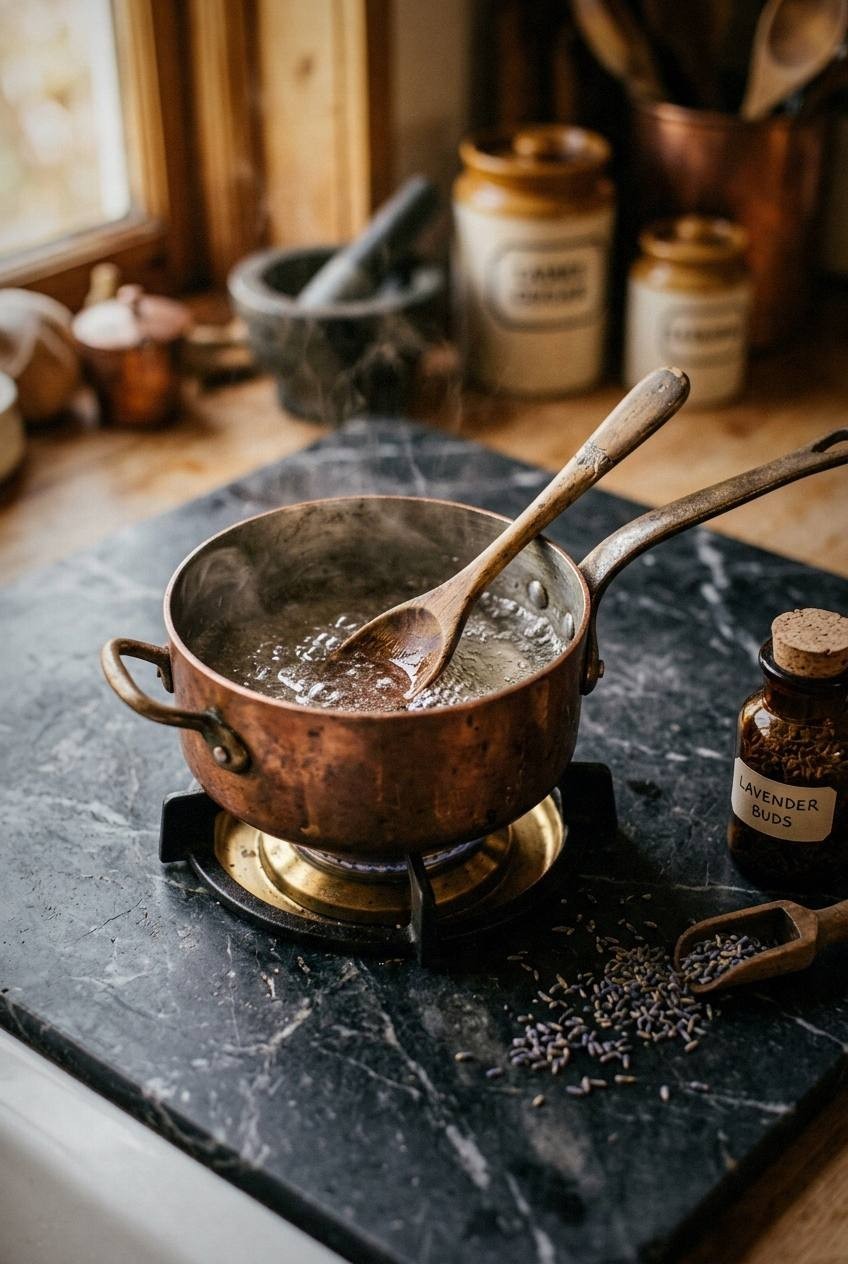Glass jar of simple syrup with fresh lavender sprigs and measuring cup on wooden surface