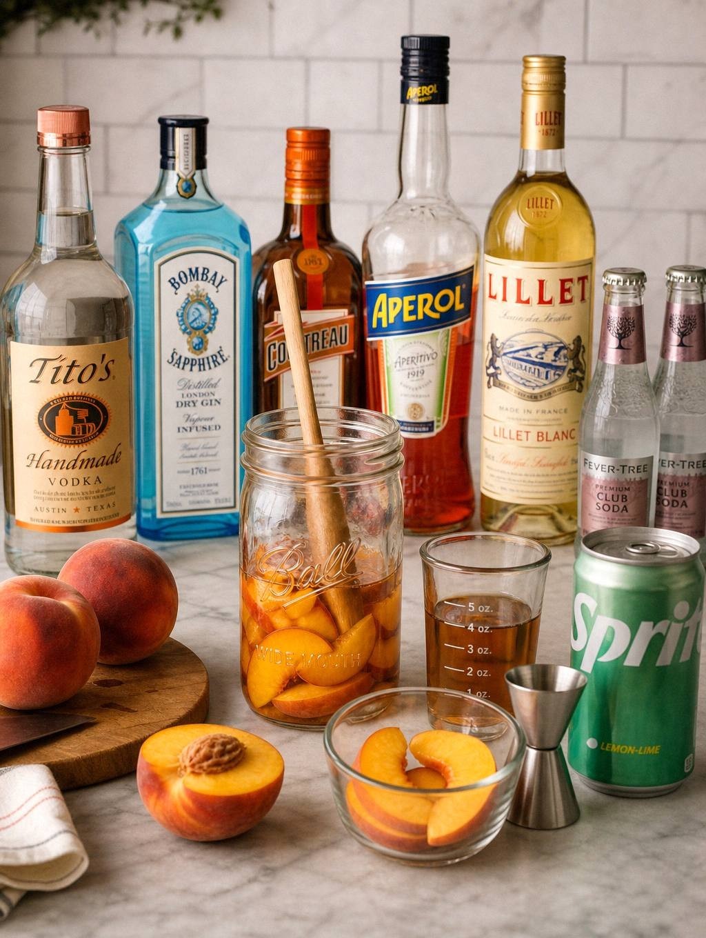 measured ingredients for bourbon peach tea cocktail including sliced peach, brown sugar, lemon juice, liqueur, and bourbon