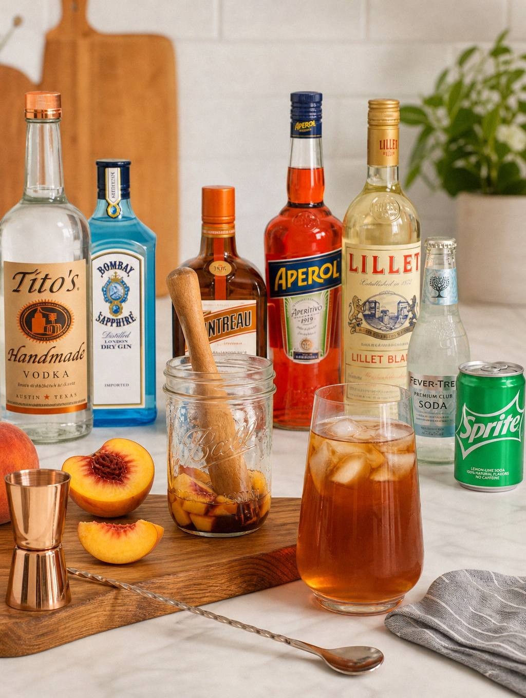 pouring bourbon peach tea into a highball glass over ice, liquid in motion