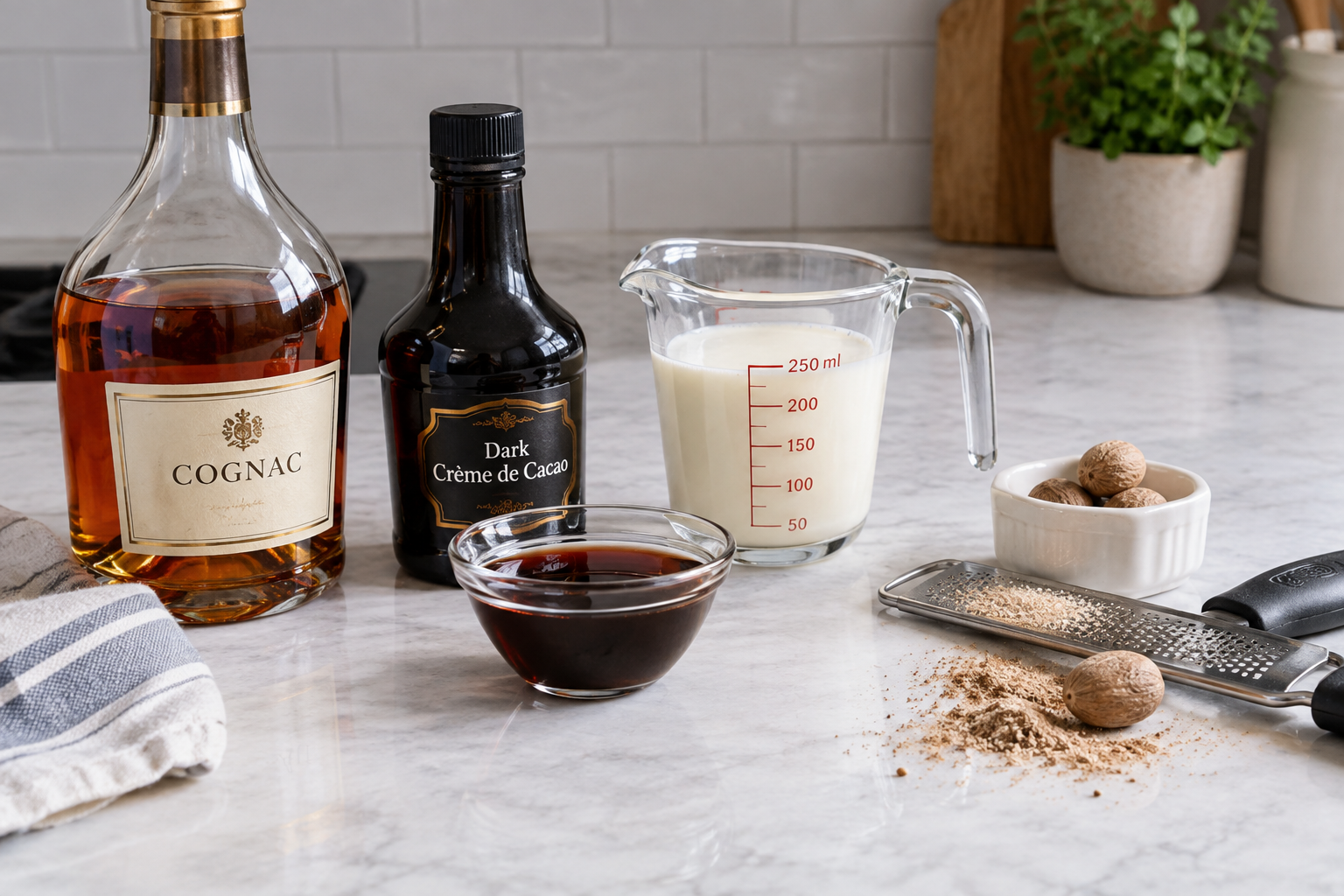 cognac, dark crème de cacao, heavy cream, and whole nutmeg measured out on a counter with a microplane grater