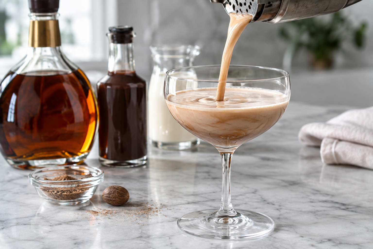 shaken brandy alexander being strained from a cocktail shaker into a chilled coupe glass