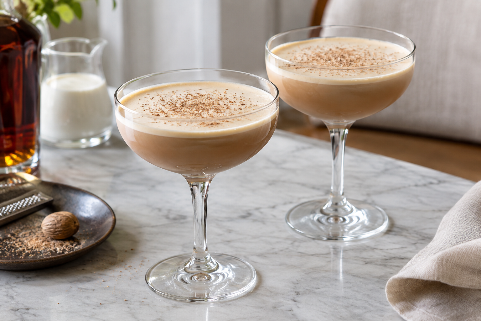 two brandy alexander cocktails in coupe glasses with fresh nutmeg garnish on a serving tray