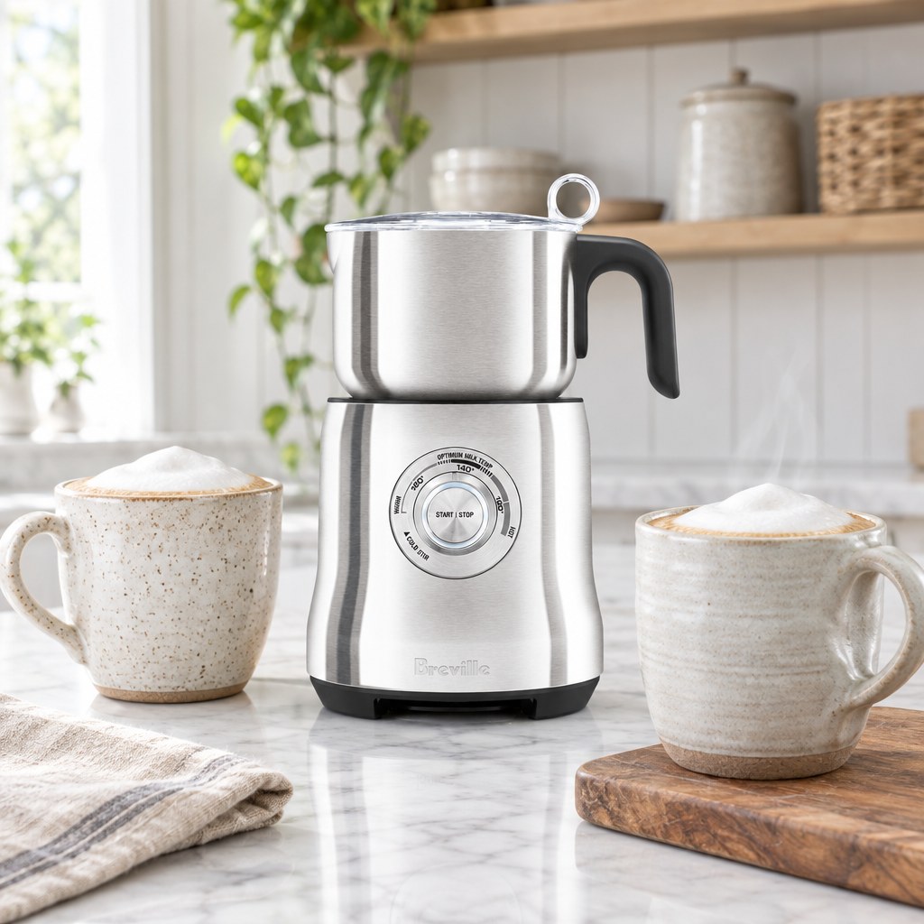 Breville Milk Cafe milk frother between two ceramic mugs of cappuccino on a marble counter