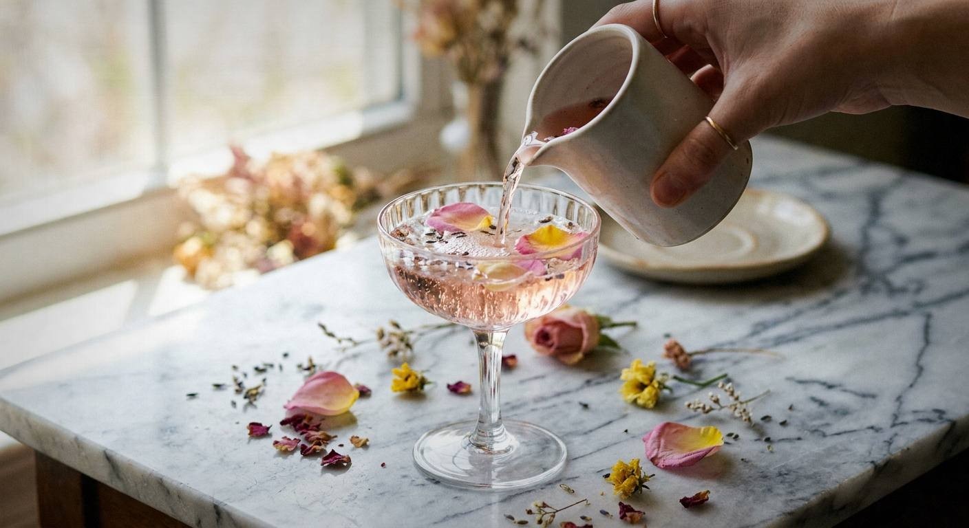 Hands pouring elderflower cordial into vintage coupe glass with lemon twist and edible flowers for bridgerton-inspired spring mocktail