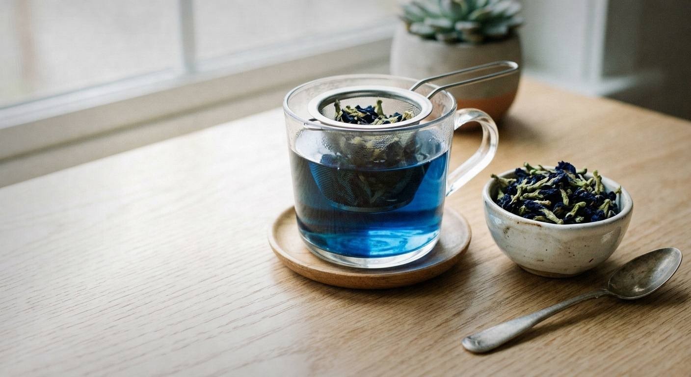 Butterfly pea flower lemonade in a tall glass showing deep blue color before lemon juice is added, dried butterfly pea flowers scattered on a light marble surface beside fresh lemons