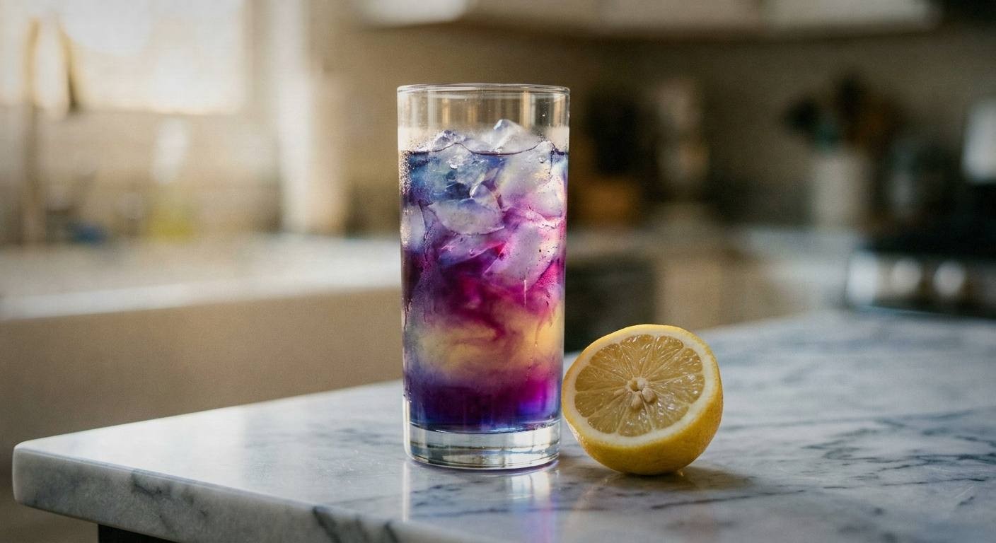 Pouring lemon water into a glass of blue butterfly pea flower lemonade showing the color change from blue to purple, fresh lemon halves and a wooden spoon on a light surface