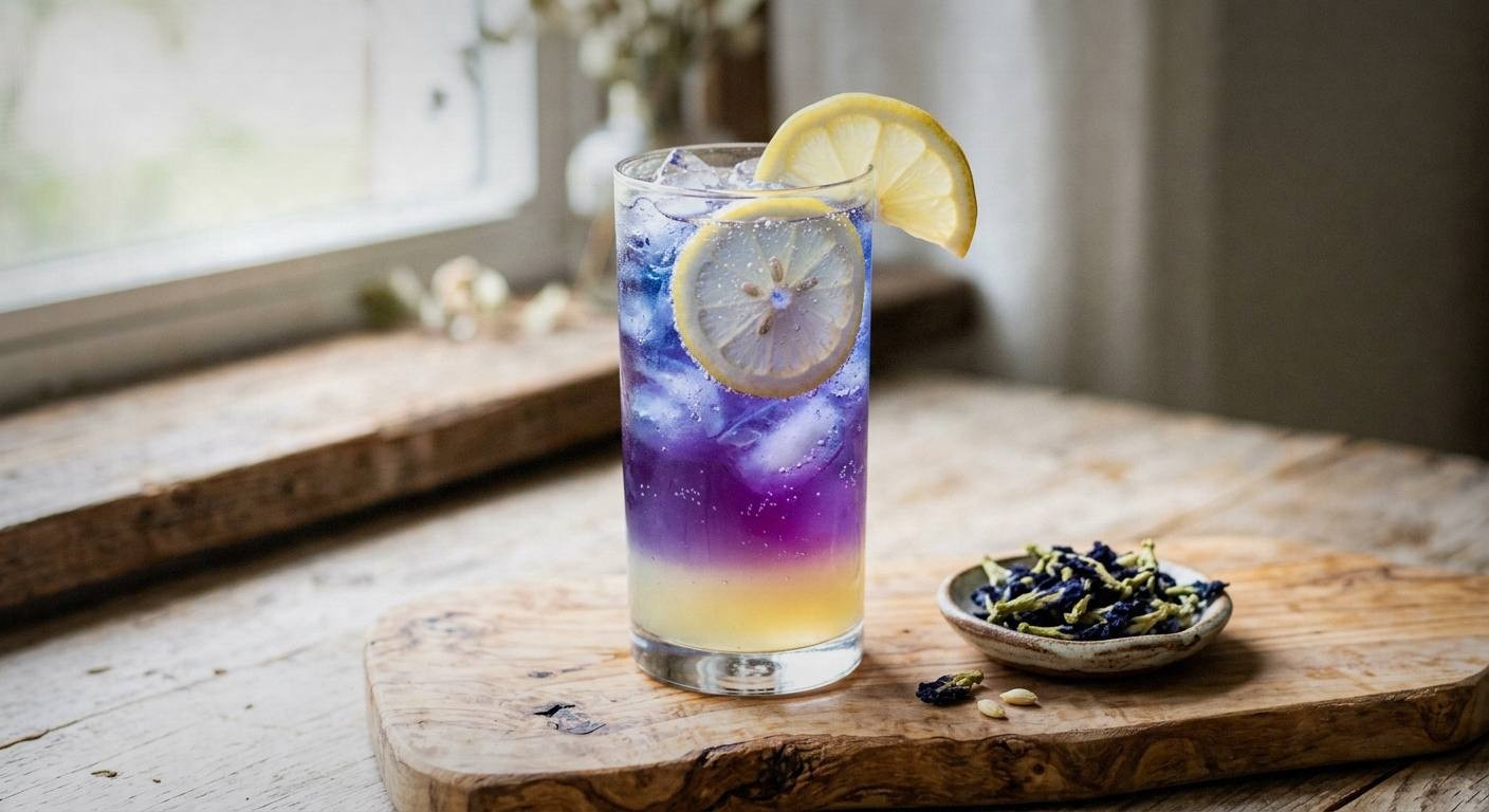 Finished butterfly pea flower lemonade in purple-magenta color in a glass pitcher with ice and lemon slices, a second glass showing the blue-to-purple gradient, bright natural light