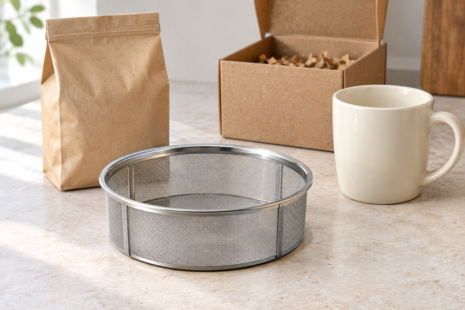 Illustrative flat-bottom basket-style mesh drip filter beside a coffee bag and mug; not a photo of the linked item