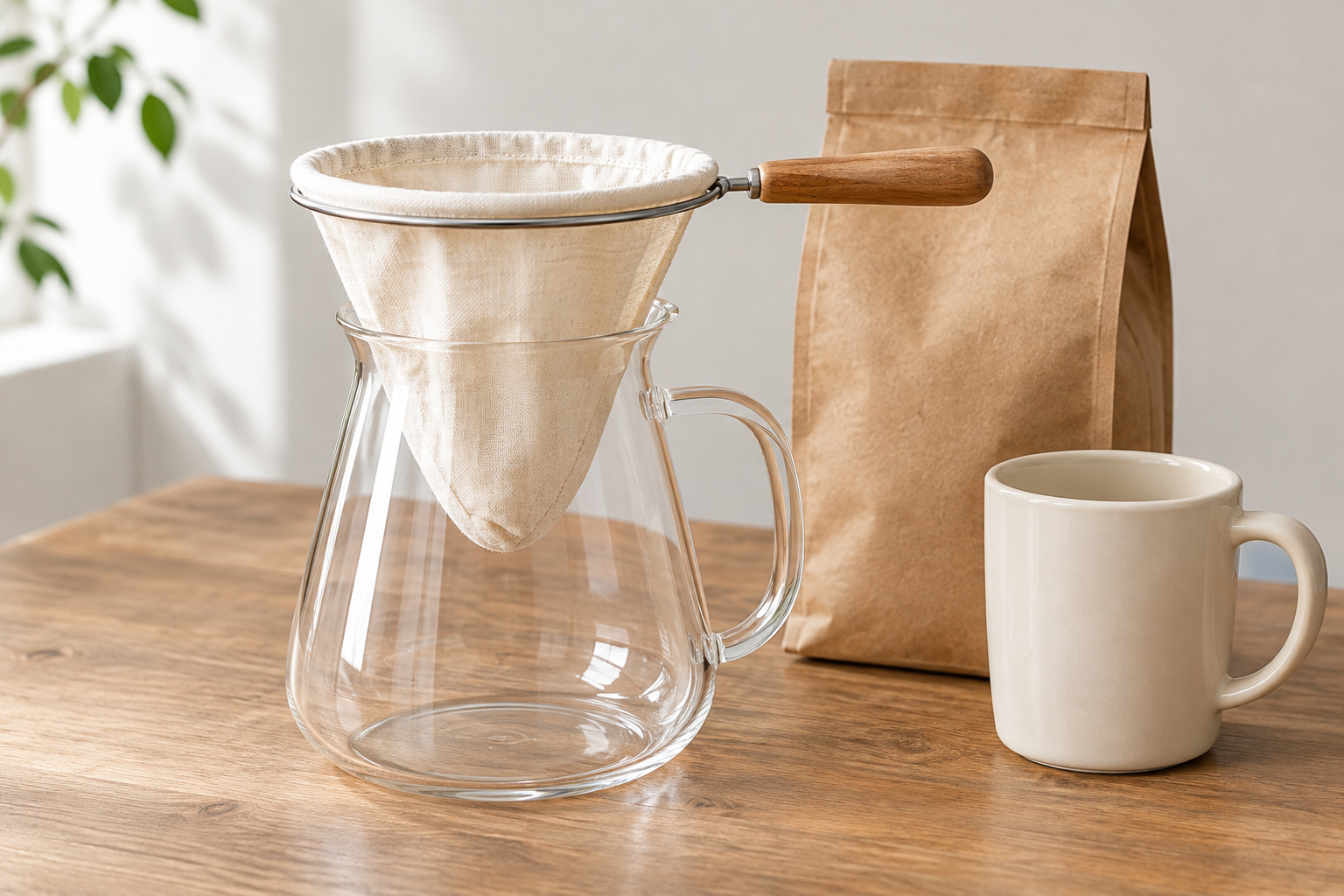 Illustrative reusable cloth coffee filter on a wire ring above a glass server; not a photo of the linked item