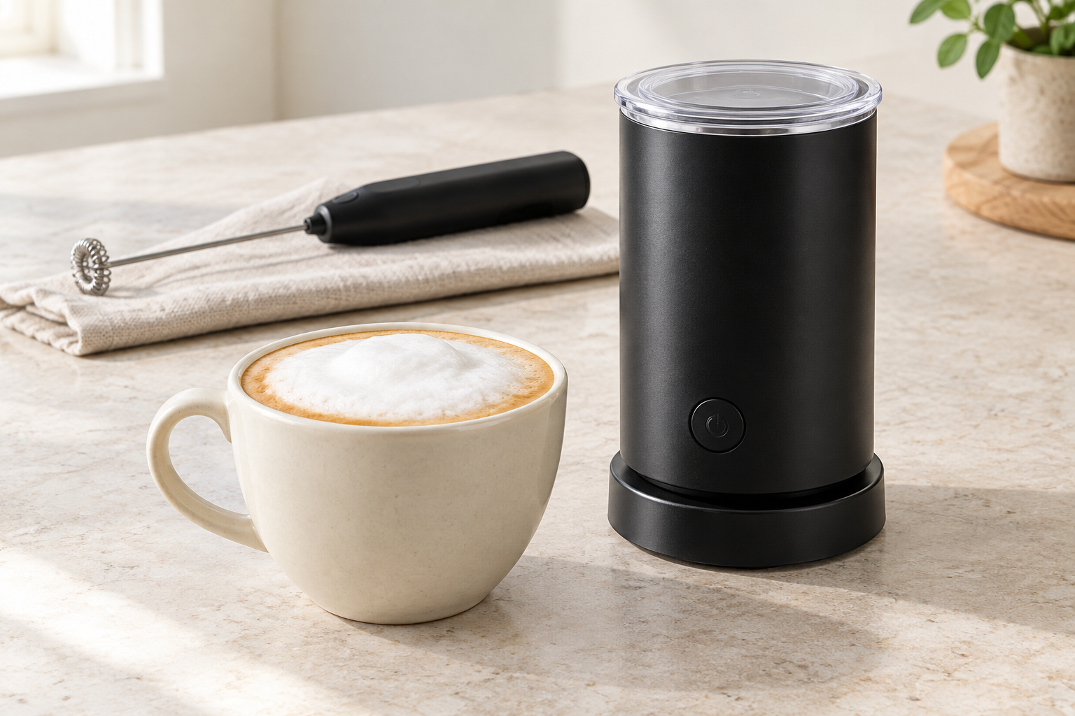 Illustrative hot cappuccino beside a compact electric milk frother and a handheld wand