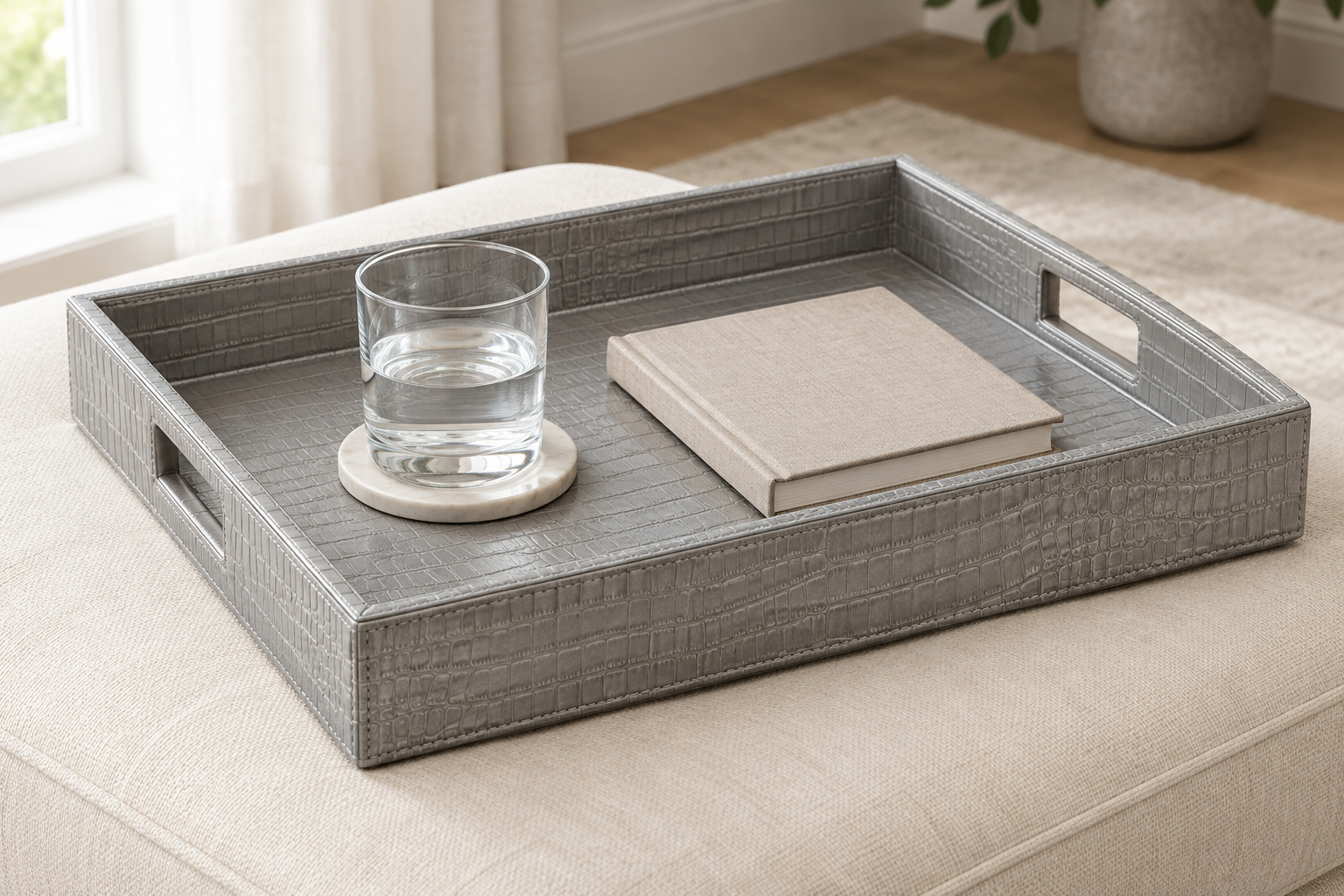 Illustrative Textured silver-gray faux-leather tray example; see the exact linked finish and pattern; not an exact product photograph