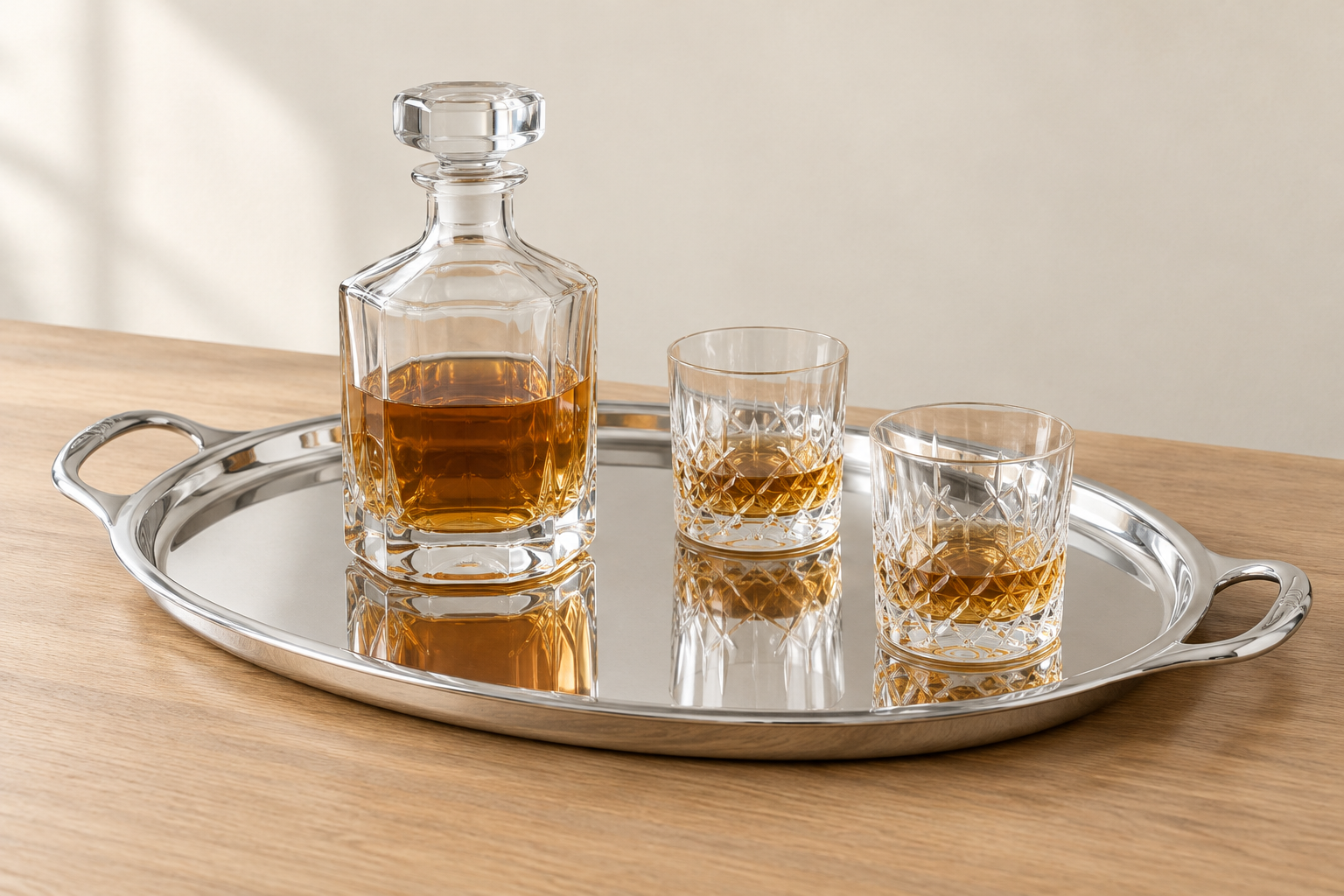 Illustrative oval silver-color handled tray with a decanter and two short glasses
