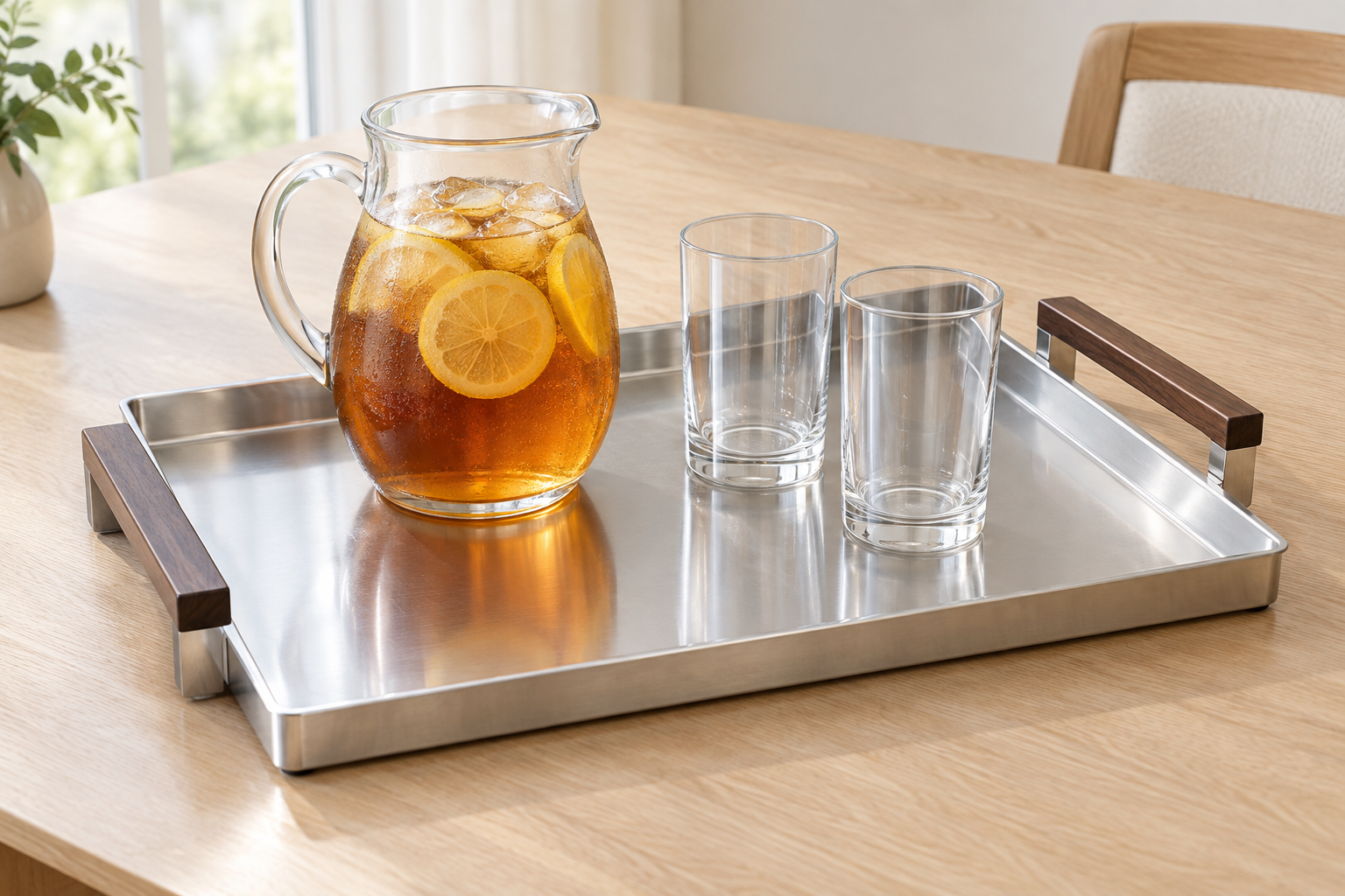 Illustrative rectangular silver-color tray with wood handles, a pitcher and two glasses