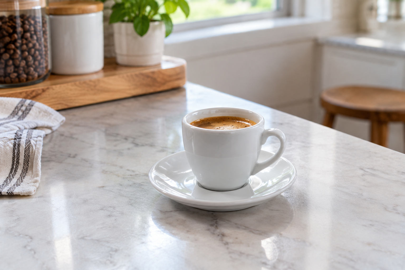 Three demitasse cups filled with cafe cubano, each topped with thick tan foam, arranged on a kitchen counter