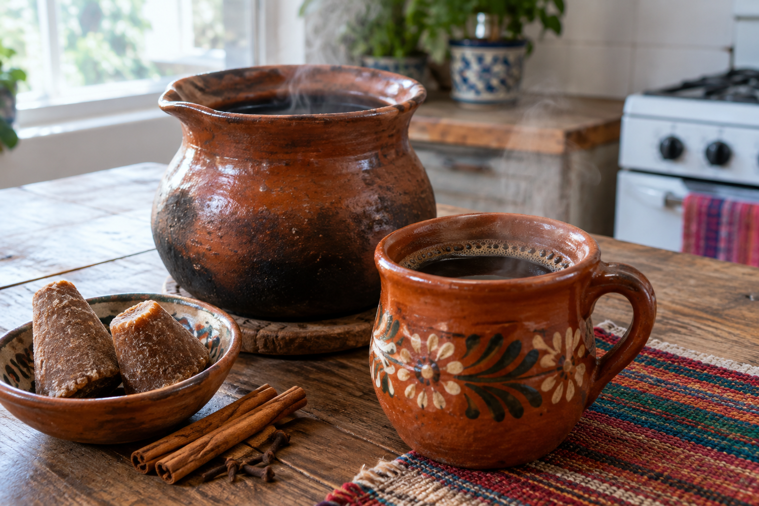 Unglazed clay olla on stovetop with piloncillo cone, cinnamon stick, and whole cloves beside it