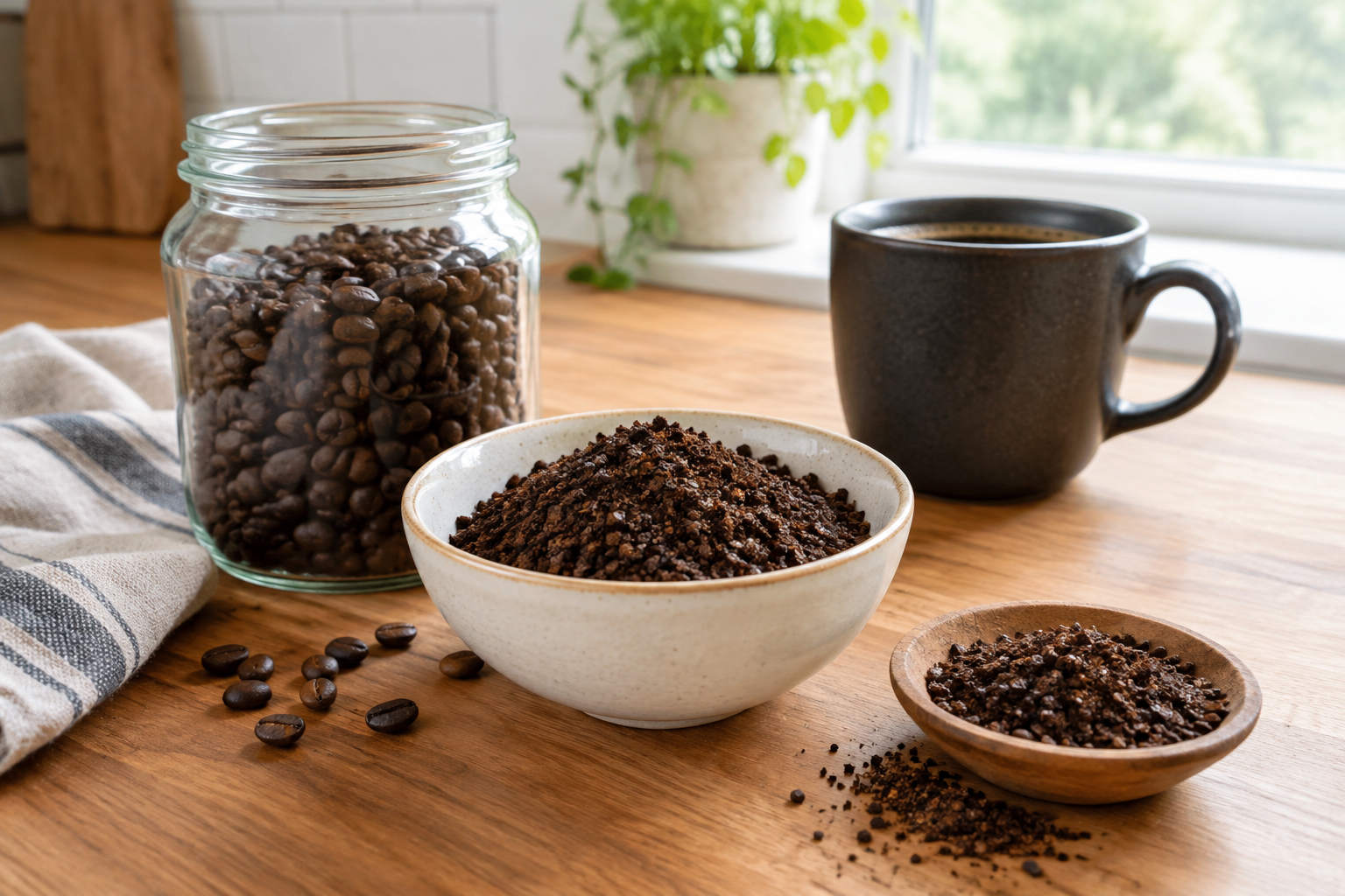 Dark roast coffee beans and coarsely ground coffee in measuring spoon on cutting board