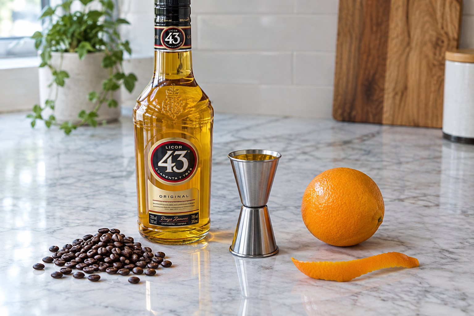 licor 43 bottle, shot of espresso, ice cubes, and orange peel on a counter