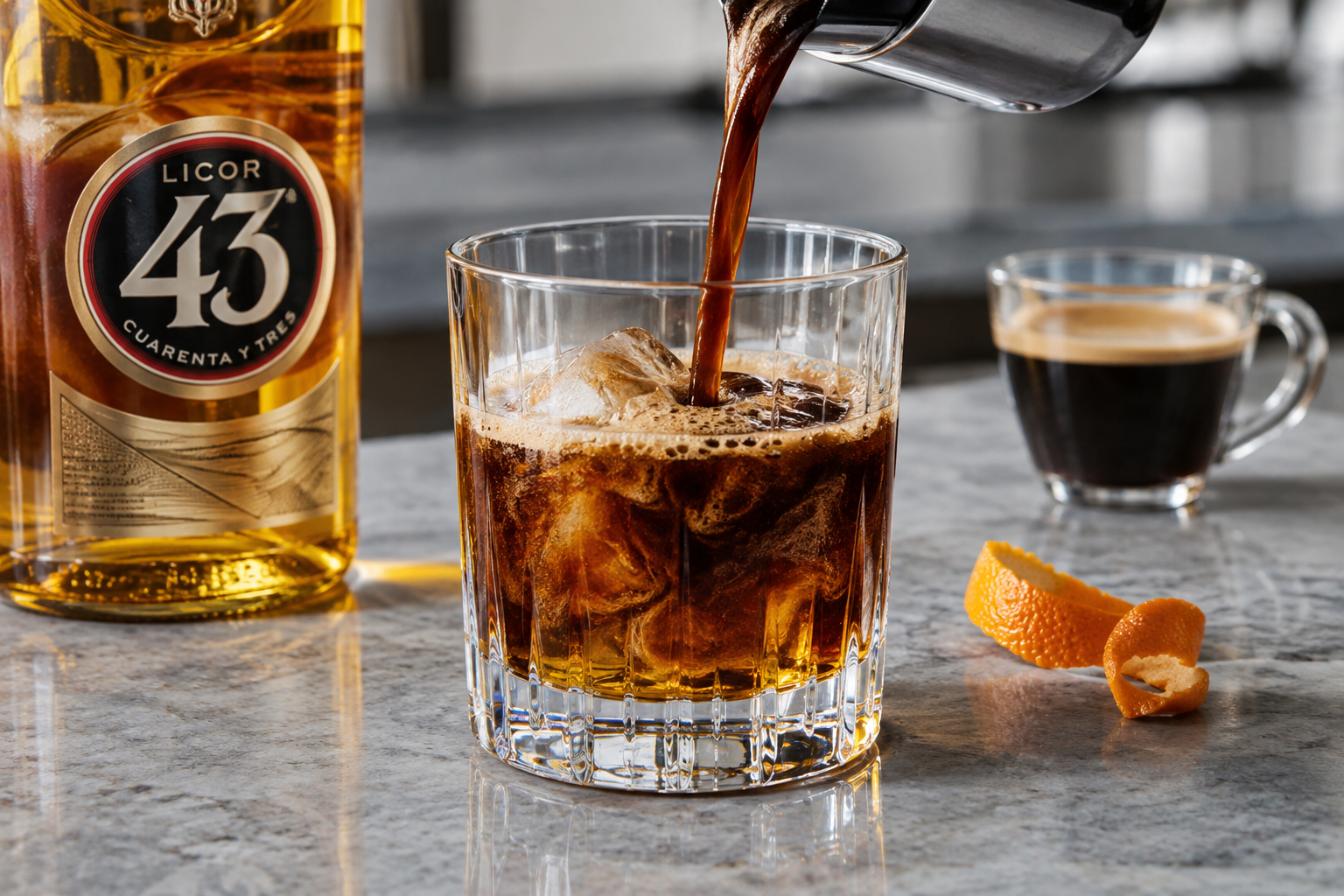 pouring shaken carajillo from a cocktail shaker into a rocks glass over ice