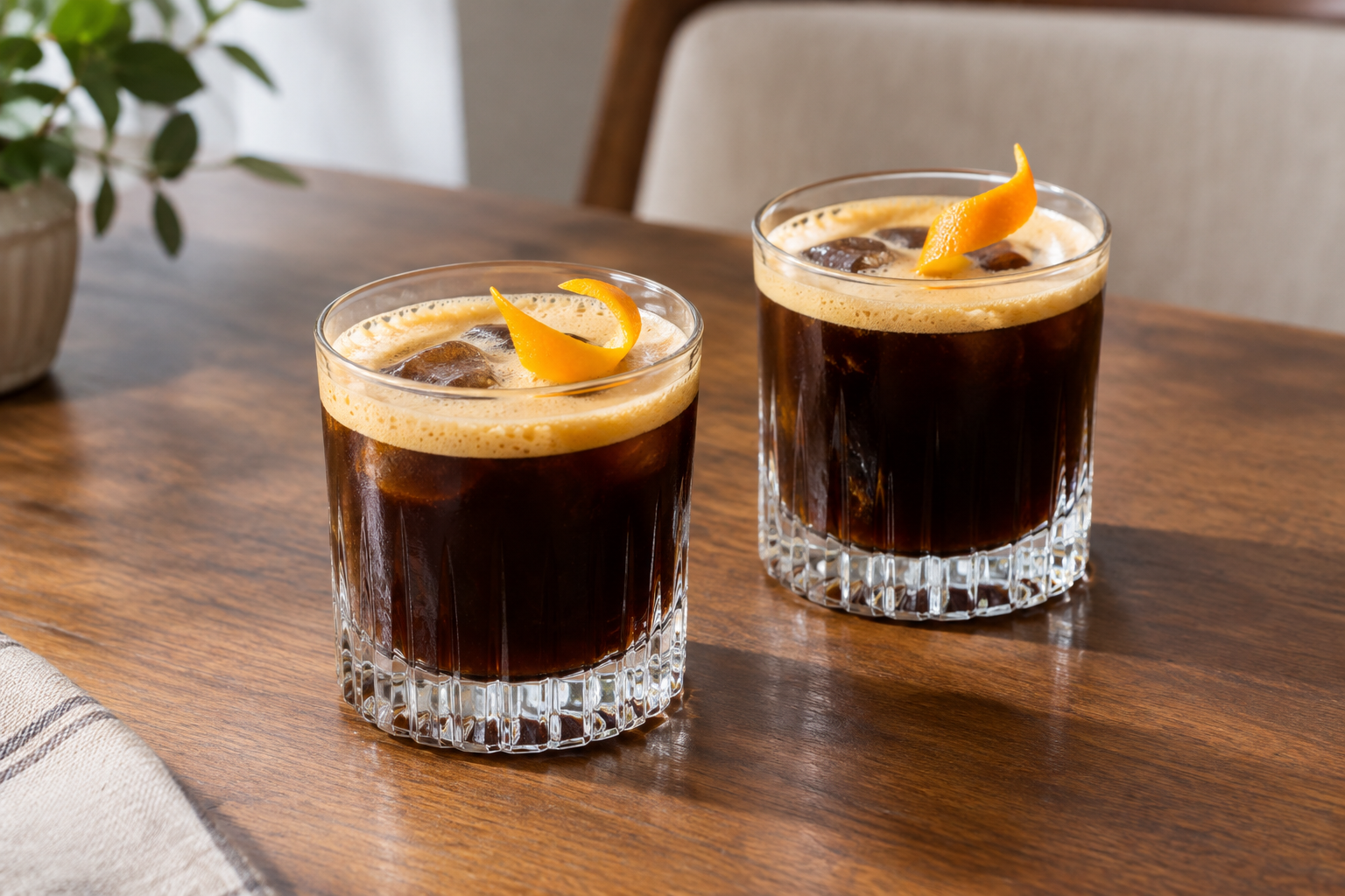 two carajillos in rocks glasses with foam and orange twist garnishes on a table