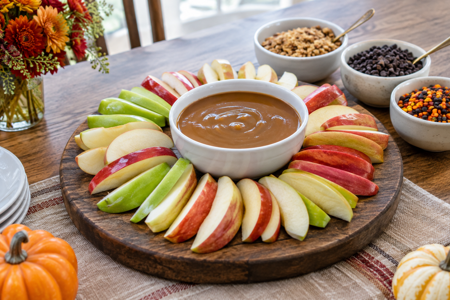 Whole caramel apple next to plate of dipped apple slices showing portion size difference