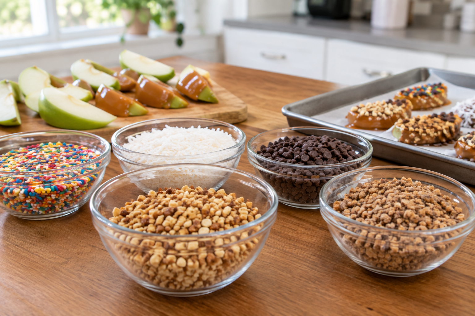 Bowls of chopped nuts, crushed cookies, and shredded coconut arranged for apple dipping bar