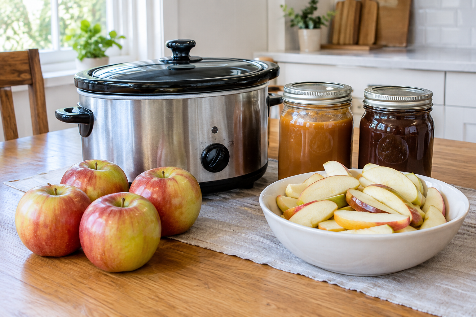 Slow cooker with mason jars of caramel and chocolate in water bath next to apple slices