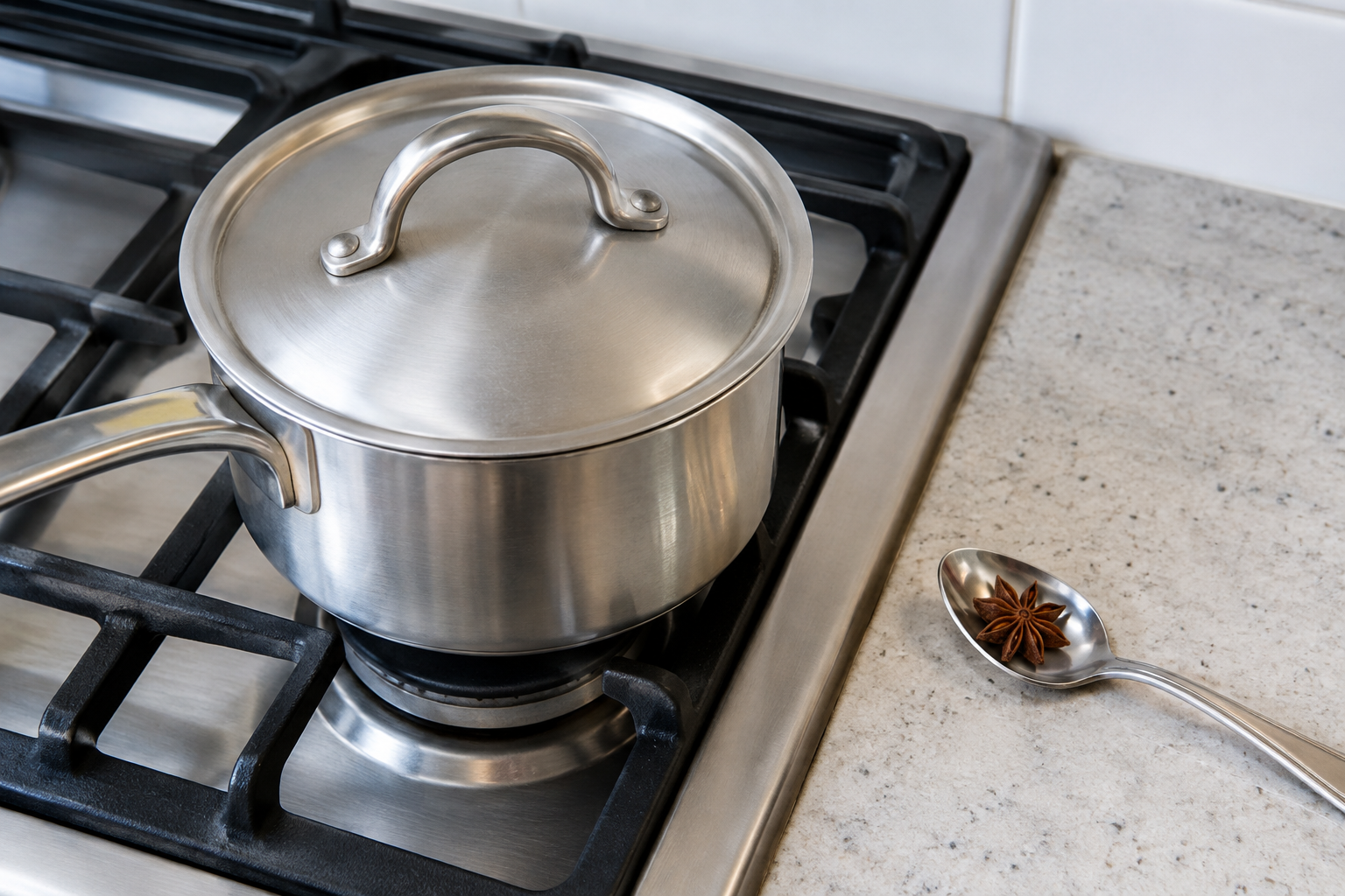 Covered saucepan beside a spoon with removed whole star anise