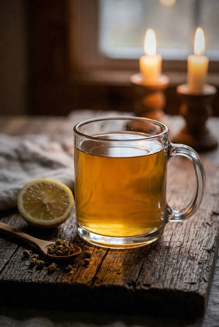 A glass teapot of golden chamomile tea steeping with fresh chamomile flowers beside it on a marble surface