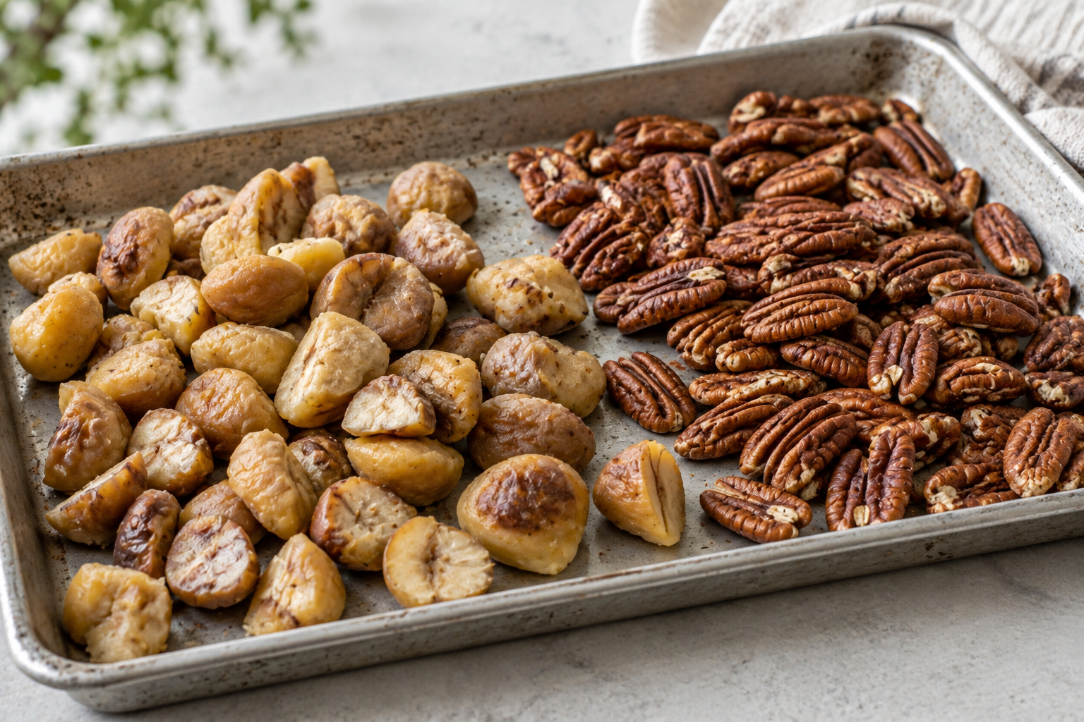 Roasted chestnuts and pecans on a tray for a chestnut praline latte