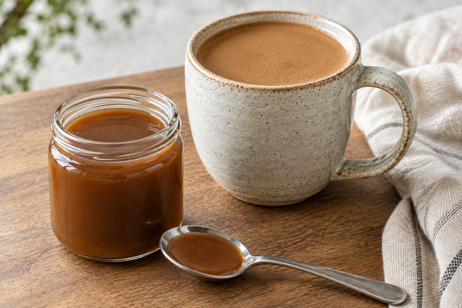 Chestnut praline syrup in a jar beside a finished latte and spoon