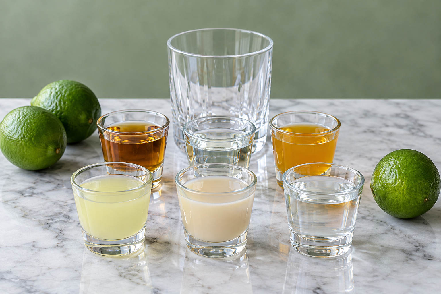 ingredients for christmas mai tai measured in small containers: lime juice, aged rum, white rum, orange liqueur, orgeat, cinnamon syrup