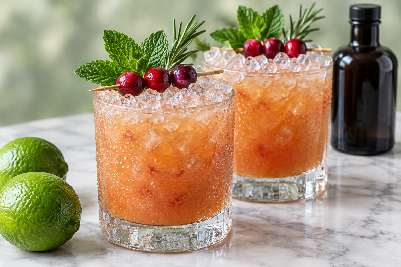 two christmas mai tais in glasses with crushed ice, mint, and lime wedges on a holiday table