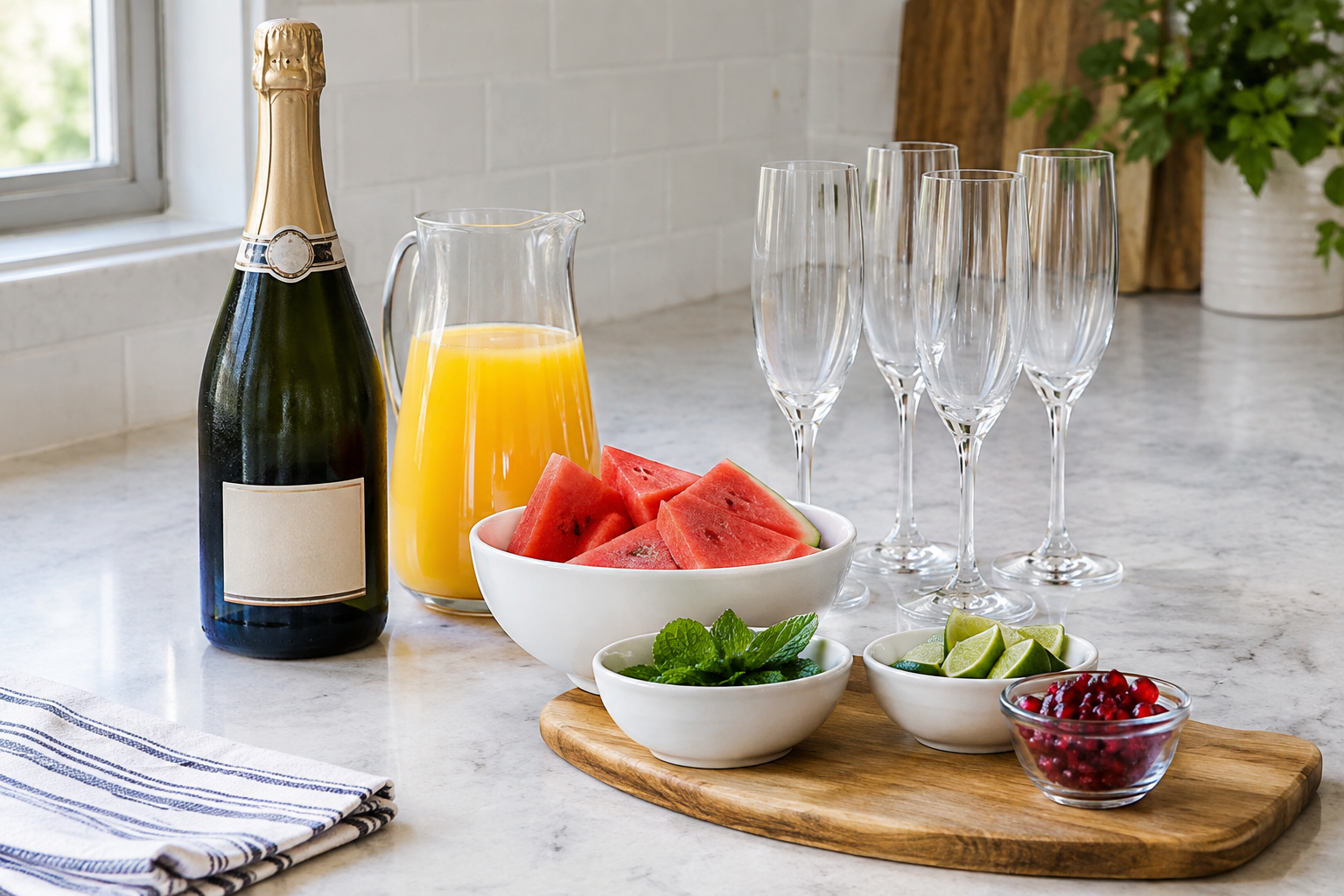 bottle of sparkling wine, pitcher of juice, and watermelon wedge arranged on counter before mixing