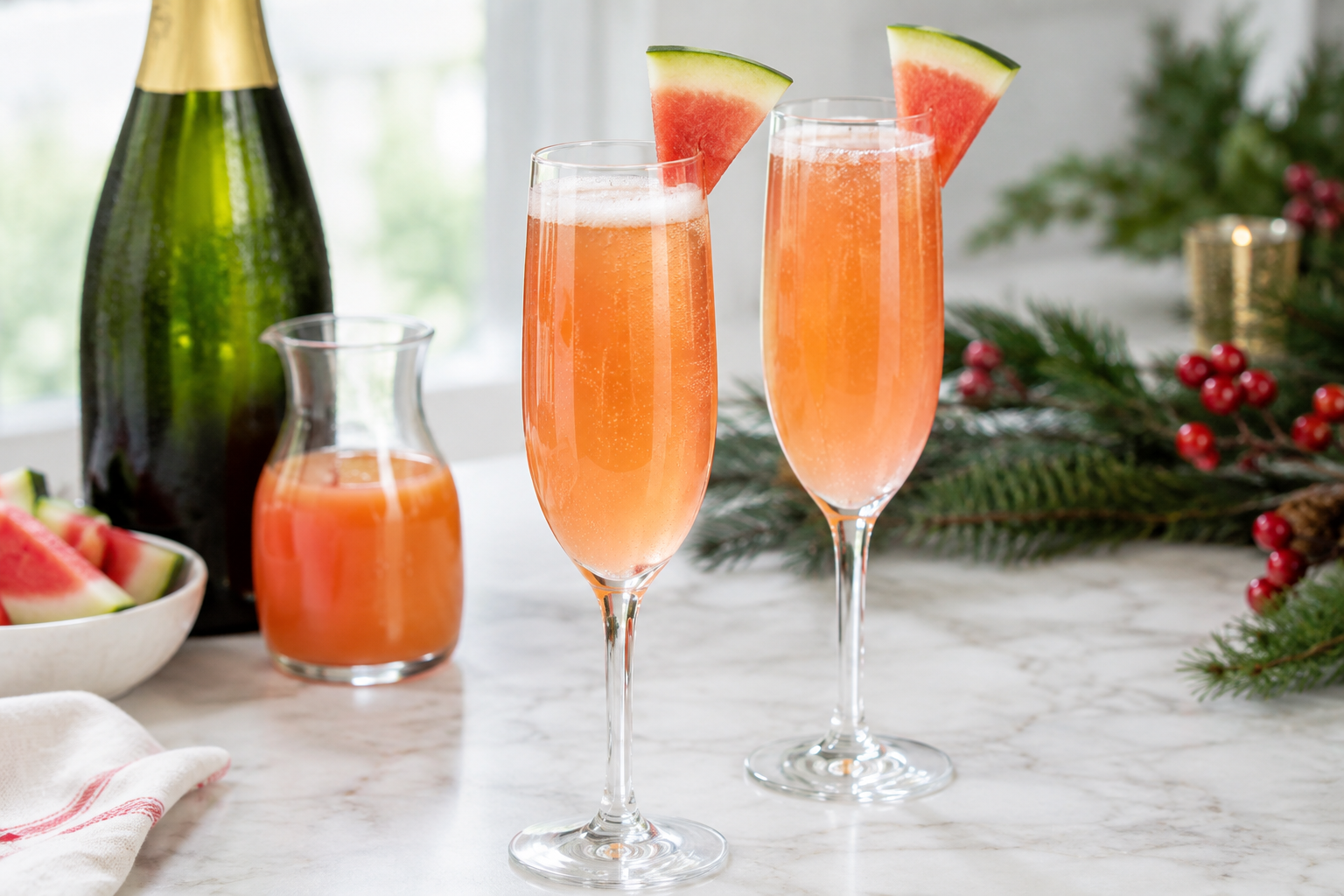 two champagne flutes filled with mimosas, garnished with watermelon, styled on holiday table