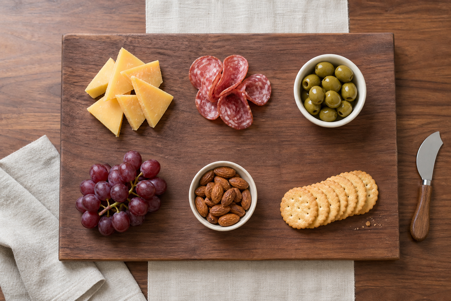 six separated groups of cheddar salami olives grapes almonds and crackers on one wooden board with open space visible