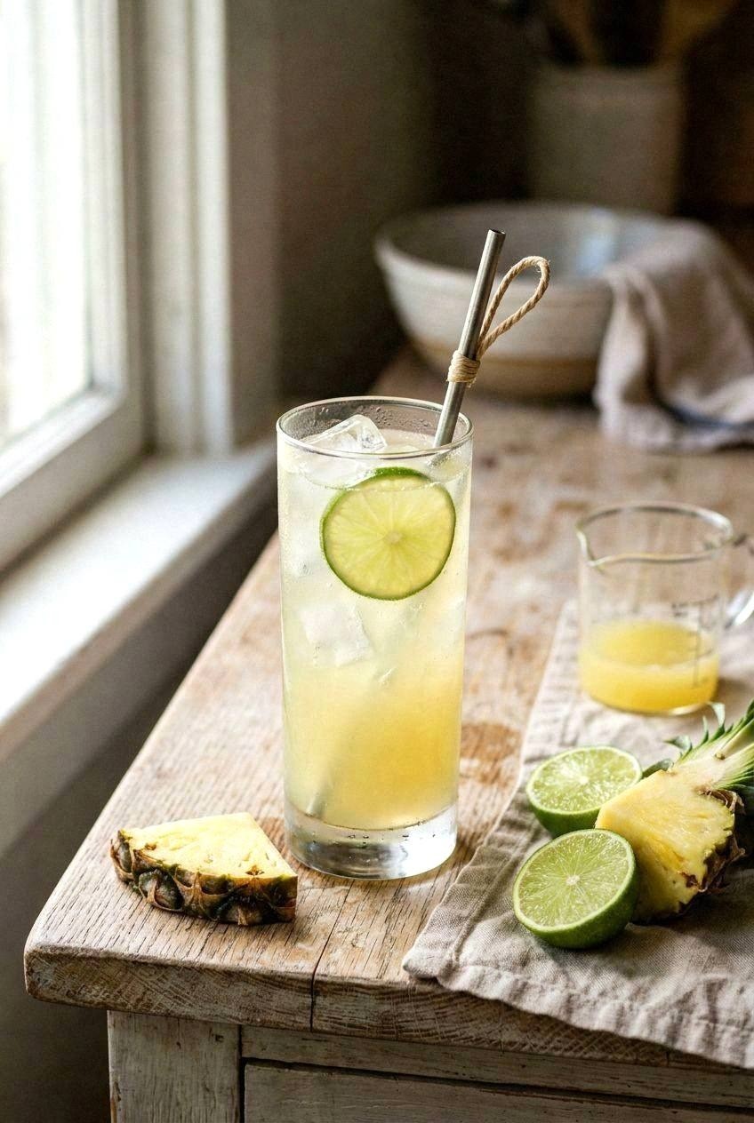 Pineapple, lime and coconut water make the first of three measured house mocktails.