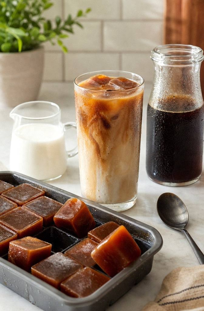 coffee ice cubes in a tray beside iced latte glass cold brew jar and small pitcher of milk
