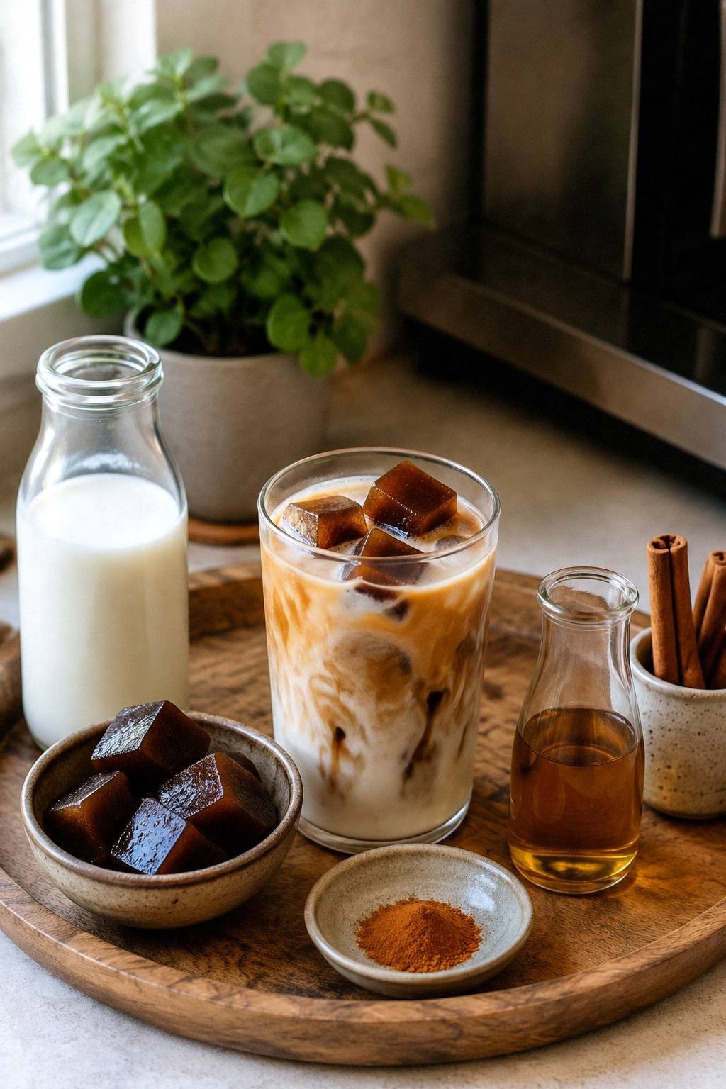 at home coffee bar tray with coffee ice cubes iced latte milk syrup cinnamon and a small plant