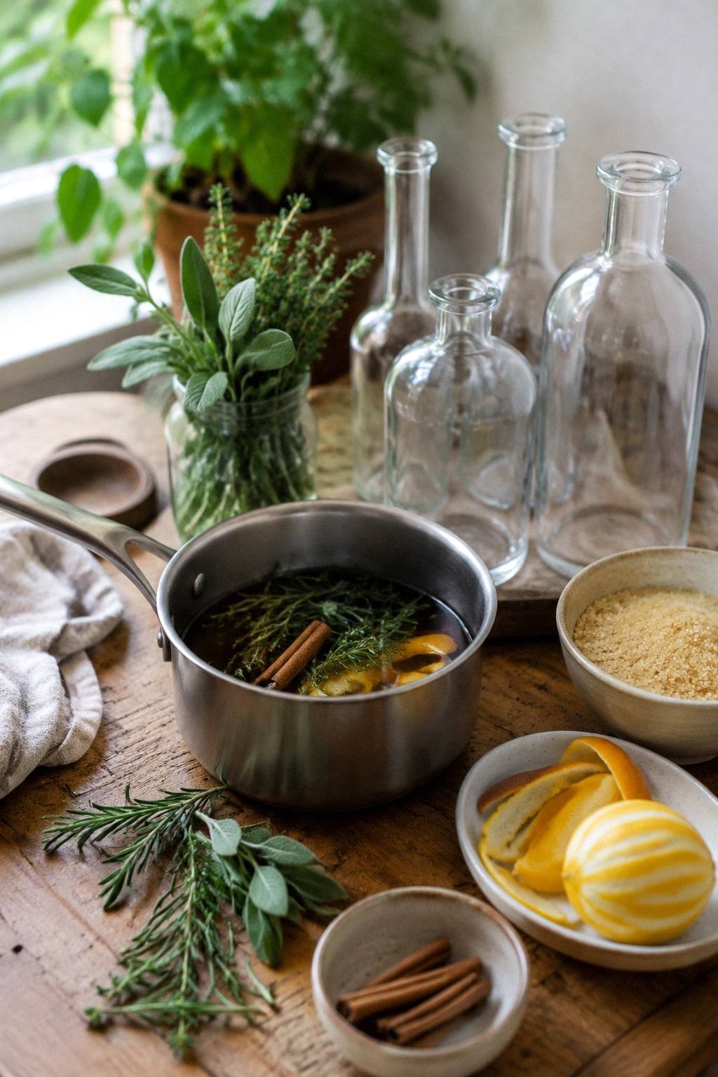 herbal coffee syrup setup with rosemary lavender mint vanilla brown sugar cold brew and small glass bottles on a kitchen counter