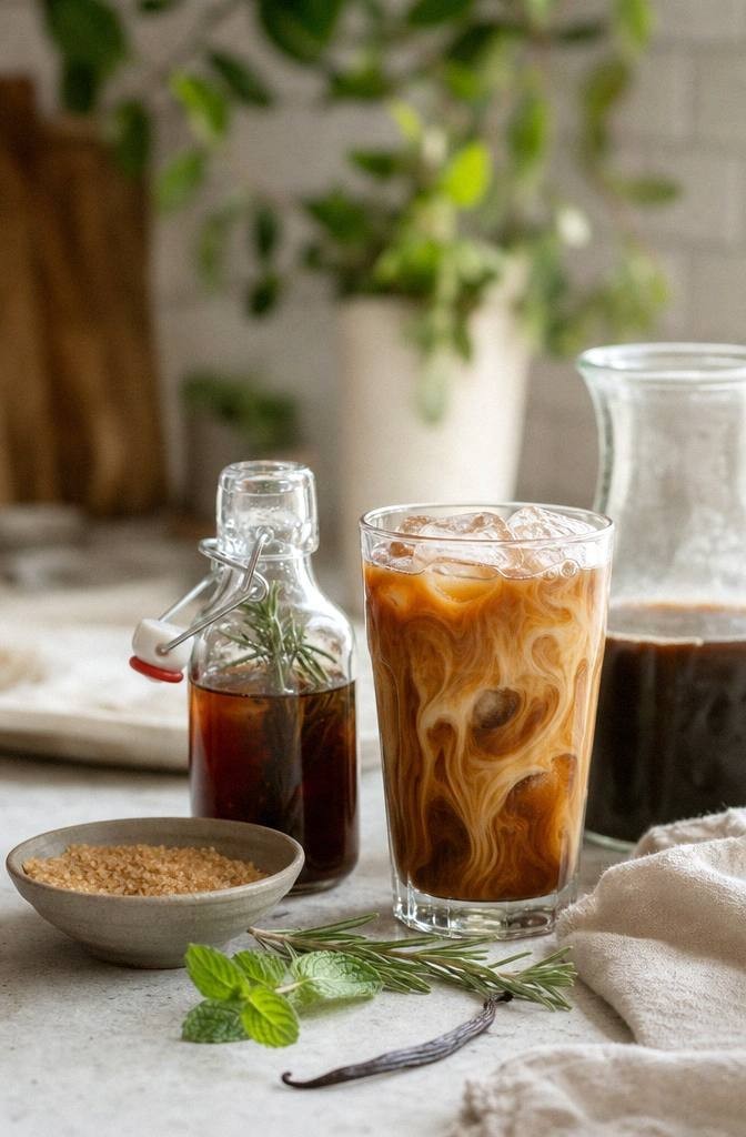 iced coffee with homemade herbal syrup bottle mint rosemary vanilla and cold brew on a light kitchen counter