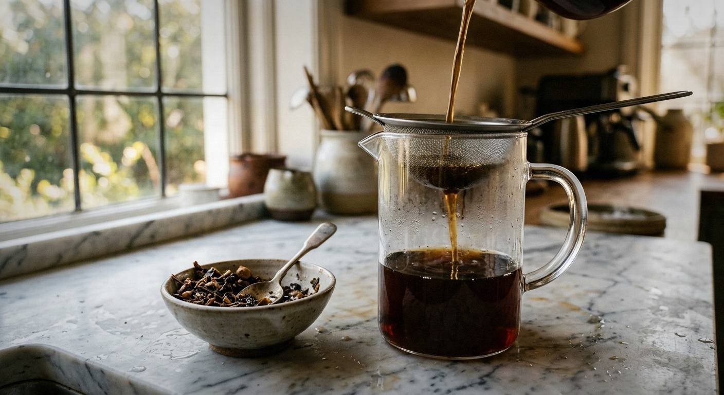 Straining cold brew dandelion nettle tea through fine mesh sieve into glass pitcher, showing amber-green liquid and herb sediment